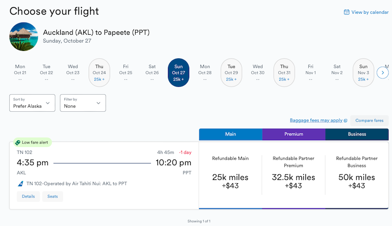 Alaska Airlines award availability on TN from AKL to PPT