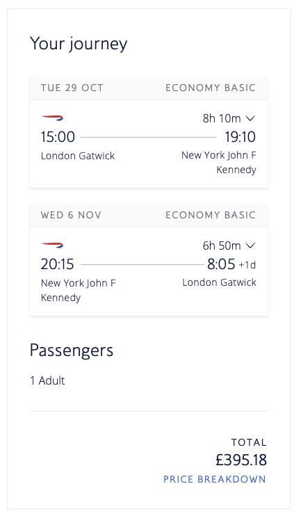 British Airways Economy airfare from London to New York on BA.com