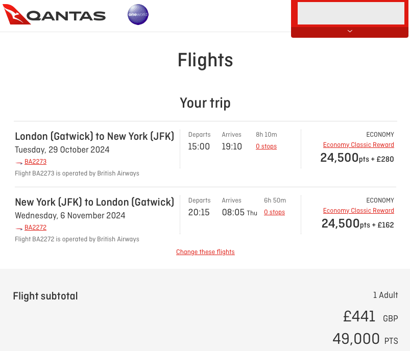 BA Economy reward seats from London Gatwick to New York, available to book through Qantas Frequent Flyer.