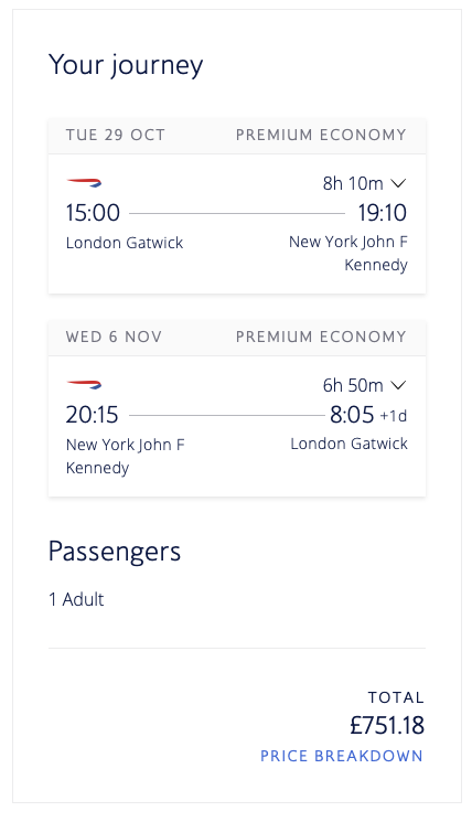 British Airways World Traveller Plus airfare from London to New York on BA.com