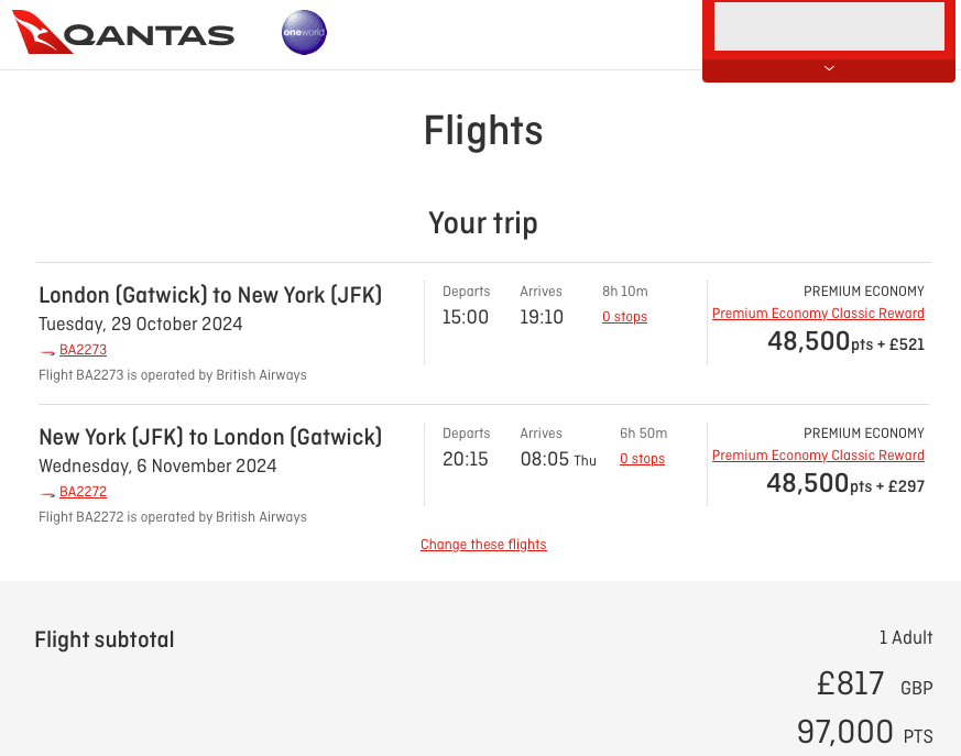 The Qantas website showing British Airways Premium Economy Classic reward seats from LGW to JFK