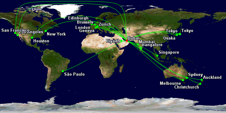 Emirates Premium Economy routes aas of September 2024: DXB-AKL, DXB-BLR, DXB-IAH, DXB-LHR, DXB-LAX, DXB-MEL, DXB-BOM, DXB-JFK, DXB-SFO, DXB-GRU, DXB-SIN, DXB-SYD-CHC, DXB-NRT, DXB-HND, DXB-KIX, DXB-GVA, DXB-BRU, DXB-ZRH, DXB-RUH and DXB-EDI.