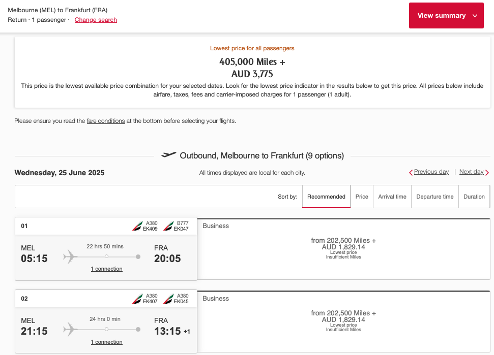 MEL-FRA award availability via Skywards on the Emirates website