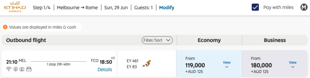 Etihad Guest reward availability from MEL to FCO