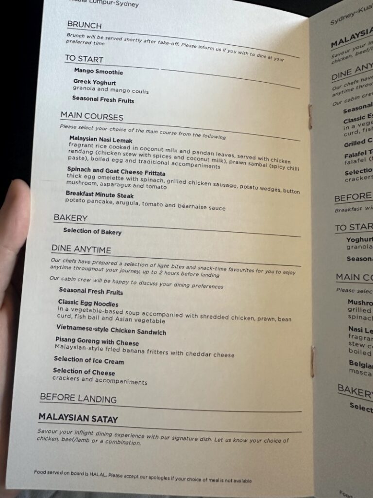 Malaysia Airlines business class menu on MH141 from KUL to SYD