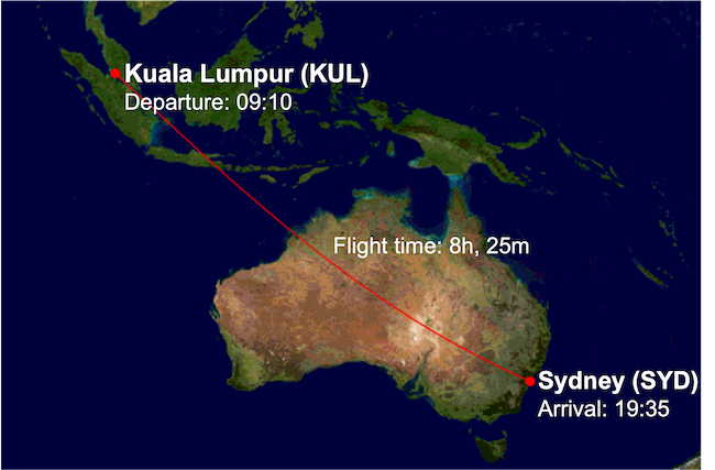 MH141 route map from Kuala Lumpur (KUL) to Sydney (SYD)