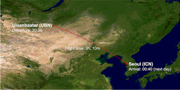 OM309 route map from Ulaanbaatar (UBN) to Seoul Incheon (ICN)