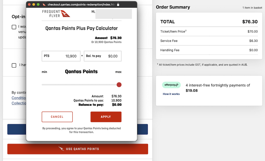 Ticketek's website now accepts part or full payment in Qantas Frequent Flyer points