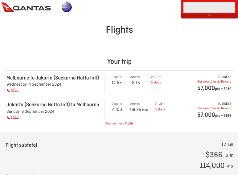 MEL-CGK Business Reward seats on Qantas.com