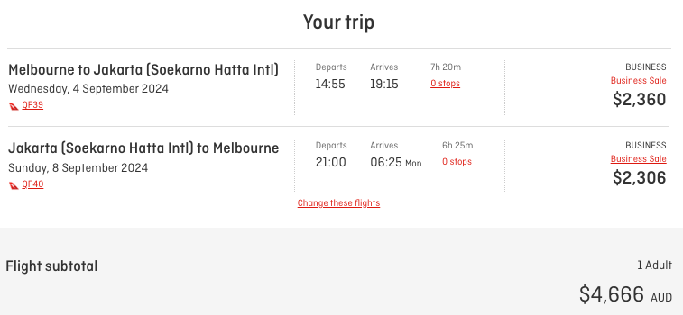 Qantas Business Sale fares from Melbourne to Jakarta