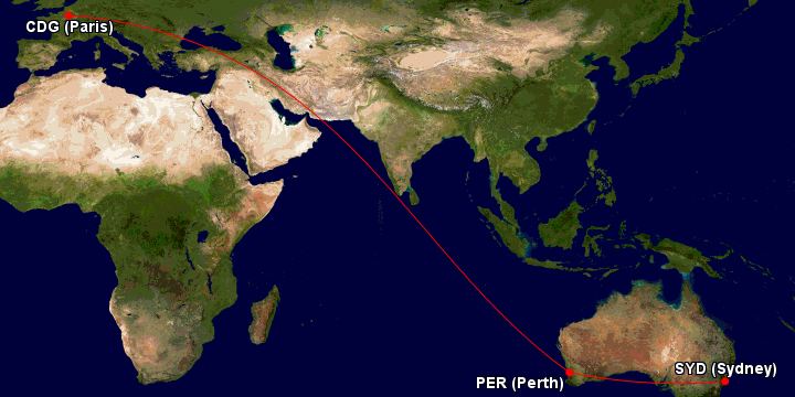 QF33 route map from Sydney to Paris via Perth