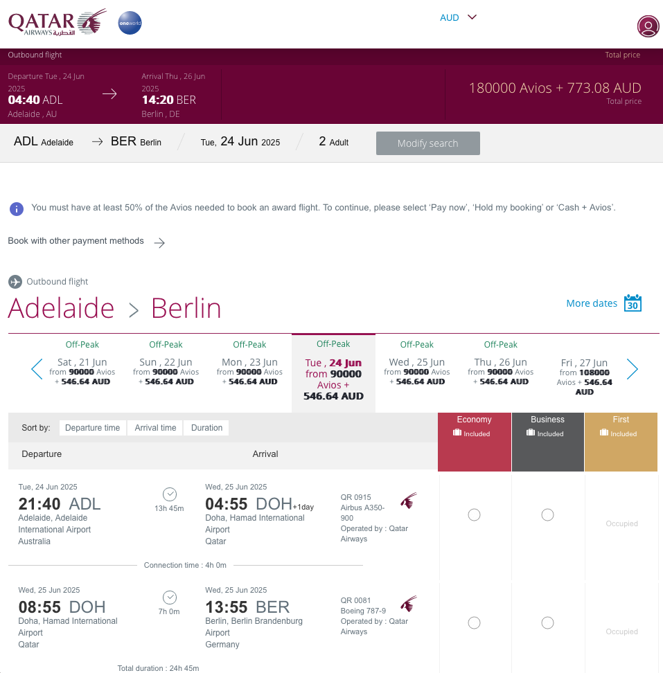 Adelaide-Berlin award availability on the Qatar Airways website