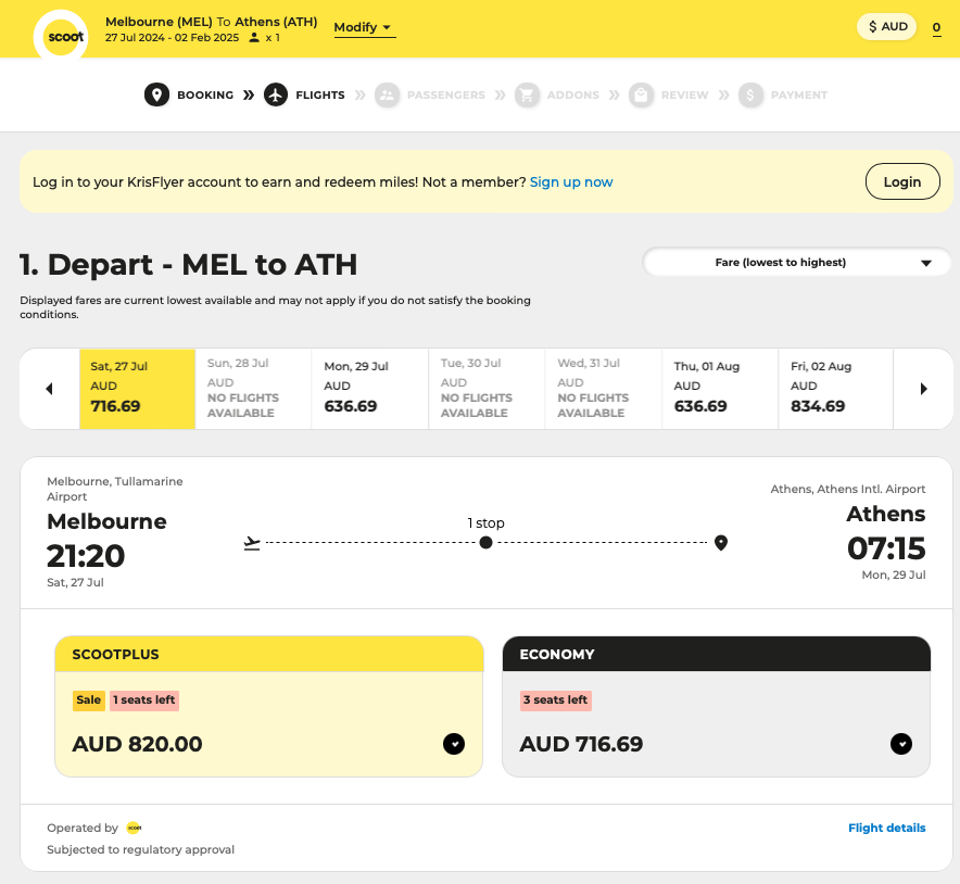 Fly from Melbourne to Athens in ScootPlus for just $820 one-way