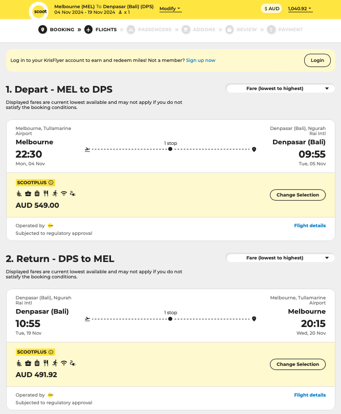 MEL-DPS ScootPlus sale fares on the Scoot website