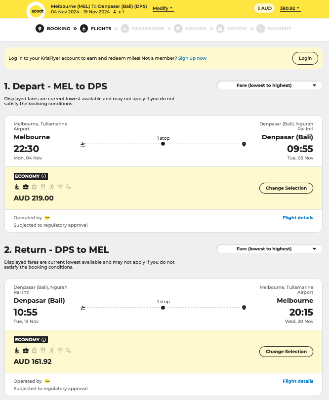 MEL-DPS Economy sale fares on the Scoot website