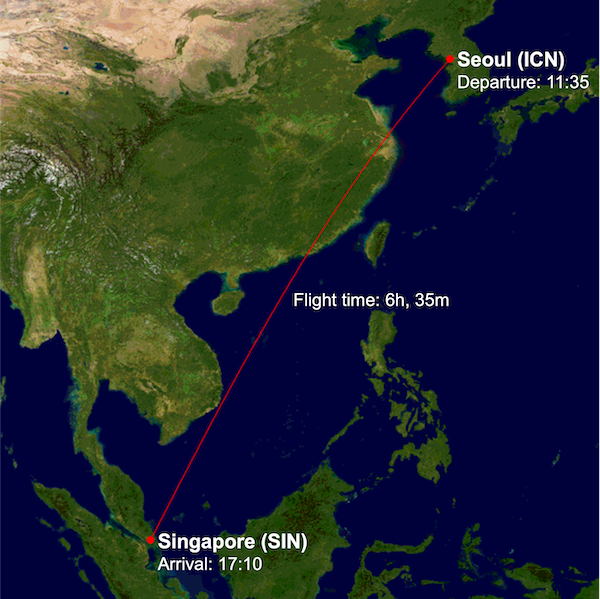 TR843 route map from Seoul Incheon (ICN) to Singapore Changi Airport (SIN)