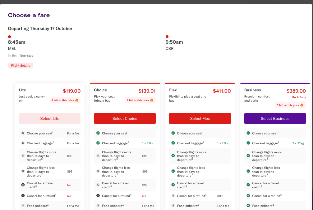 Comparison of Virgin Australia fares from Melbourne to Canberra