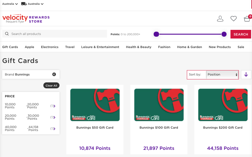 Bunnings gift cards on the Velocity Rewards Store