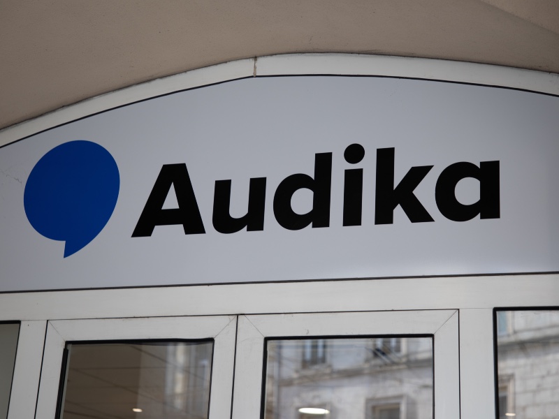 Bordeaux , France -  02 15 2024 : Audika logo text chain and sign facade entrance store medic hearing aid distribution shop brand company