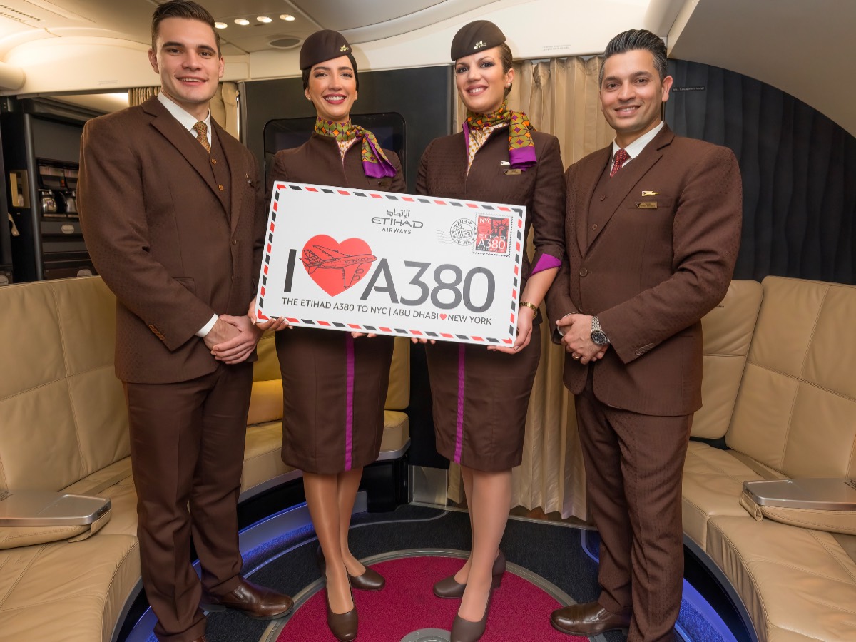 Cabin crew in "The Lobby" on Etihad's inaugural Abu Dhabi-New York A380 flight