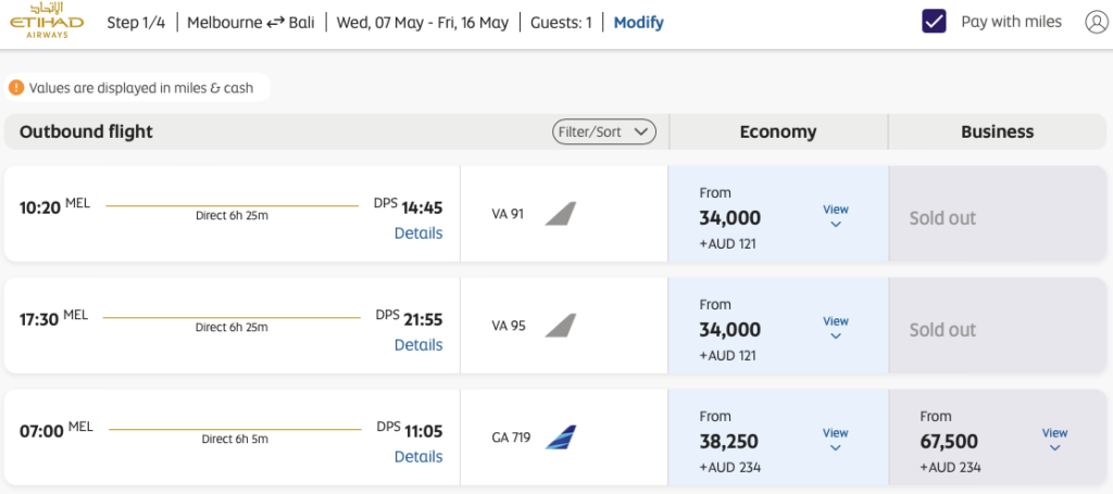 Etihad Guest redemption from MEL to DPS flying Virgin Australia or Garuda