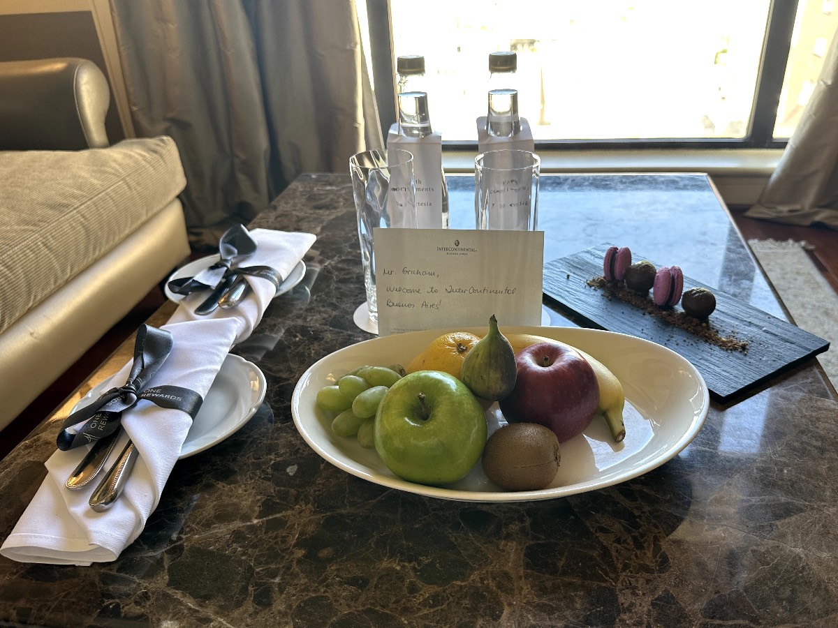 Welcome amenity of a fruit bowl and chocolates at Intercontinental Buenos Aires.