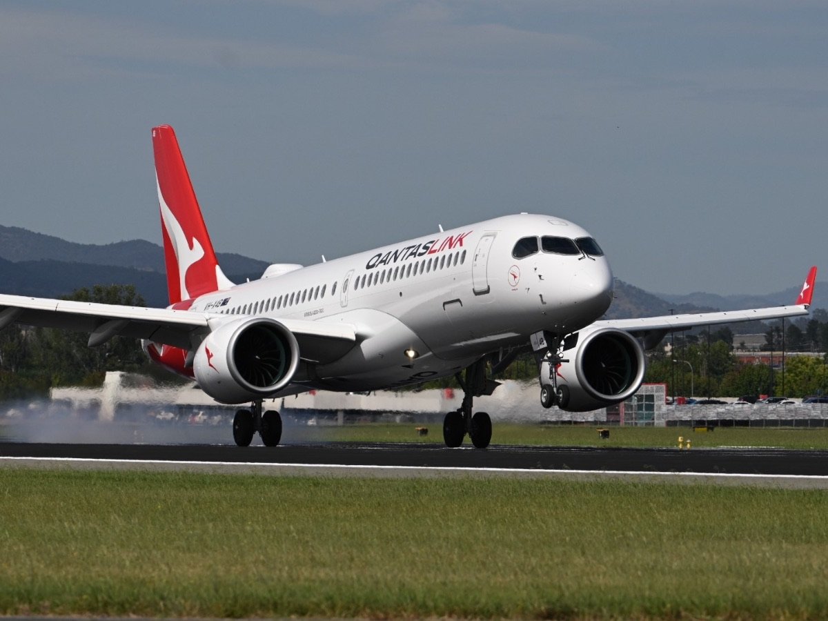 QantasLink Airbus A220-300 lands at Canberra Airport