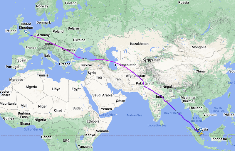 QF209 flight path from SIN to LHR