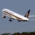 Singapore Airlines Boeing 777-200 takes off from Singapore Changi Airport