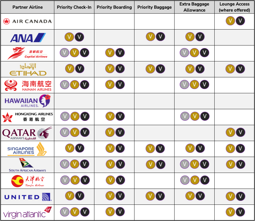 Table showing Velocity Frequent Flyer Silver, Gold and Platinum benefits when flying with each of Virgin Australia's partner airlines