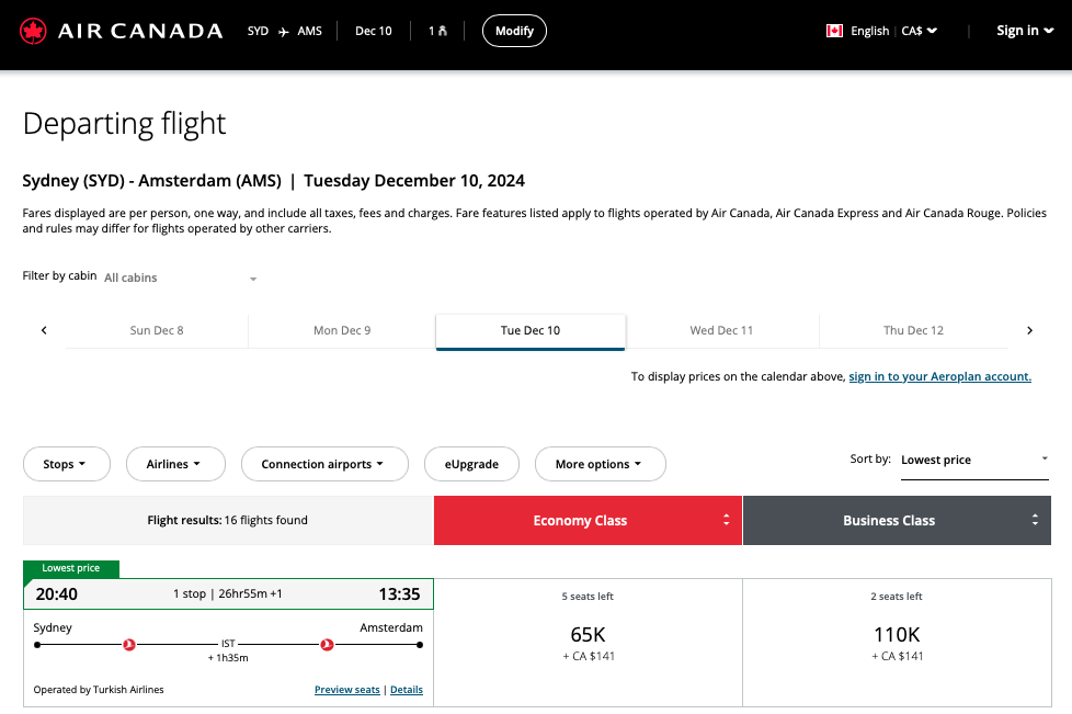 Aeroplan award availability SYD-IST-AMS