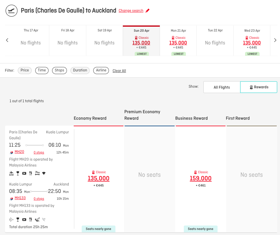 Malaysia Airlines Classic Reward availability from Paris to Auckland on the Qantas website