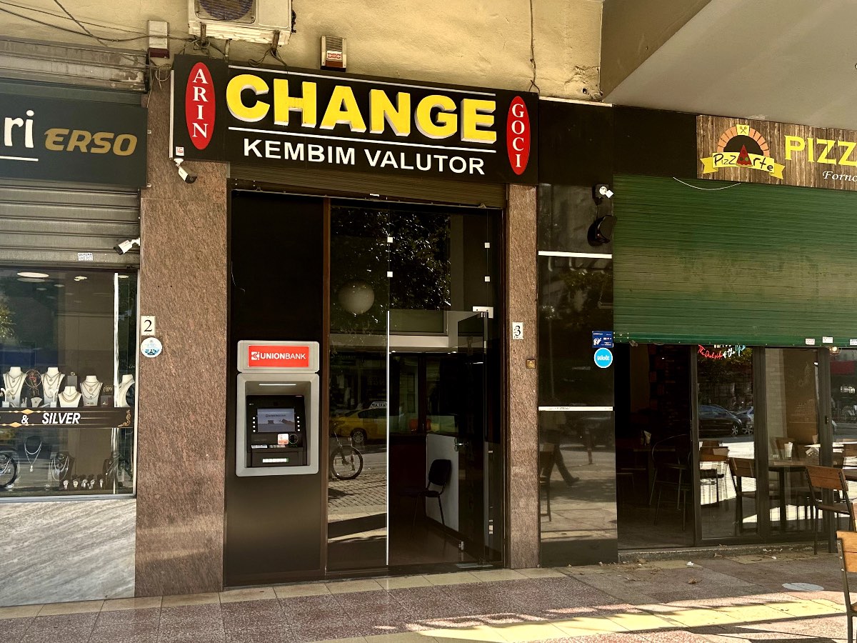 Currency exchange office and ATM in Tirana, Albania