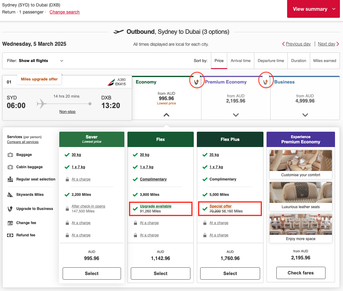 Emirates SYD-DXB flight with Business upgrade available