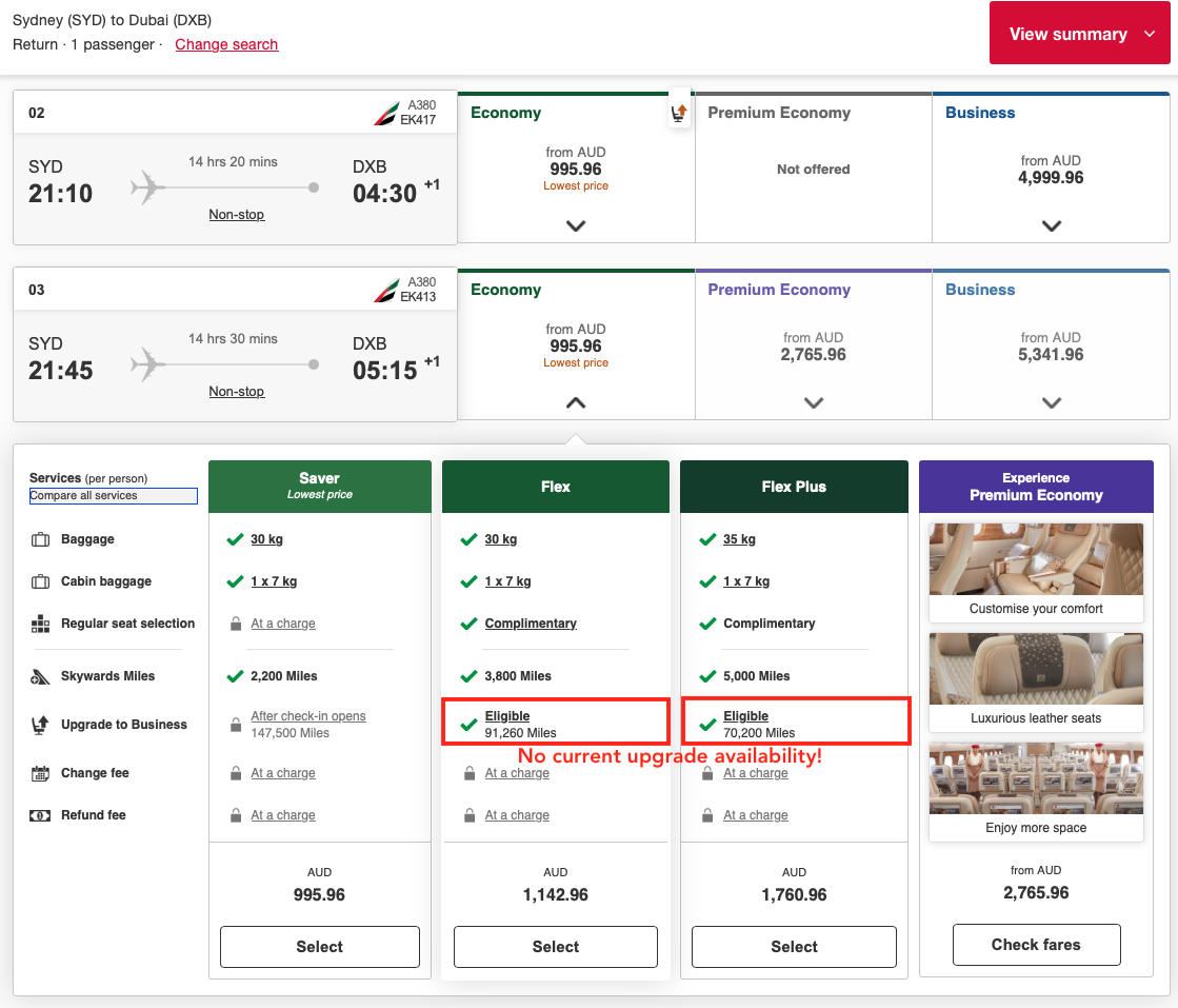 EK SYD-DXB fares that are eligible to upgrade only