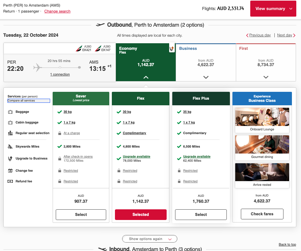 PER-AMS Economy airfares on the Emirates website