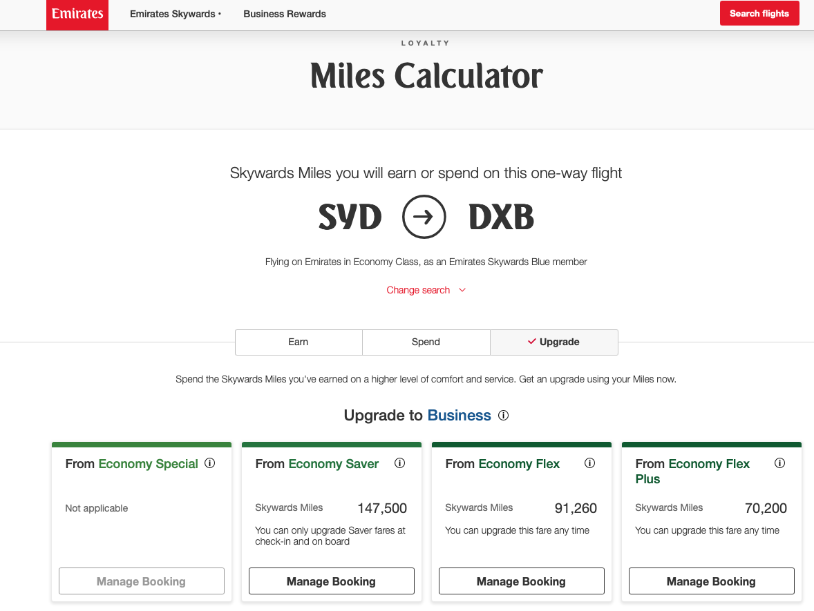 Emirates Miles Calculator upgrade costs from SYD to DXB