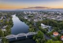 Aerial drone panoramic view over the city of Hamilton, in the Waikato region of New Zealand. Taken: Sunday, 19 December 2021.