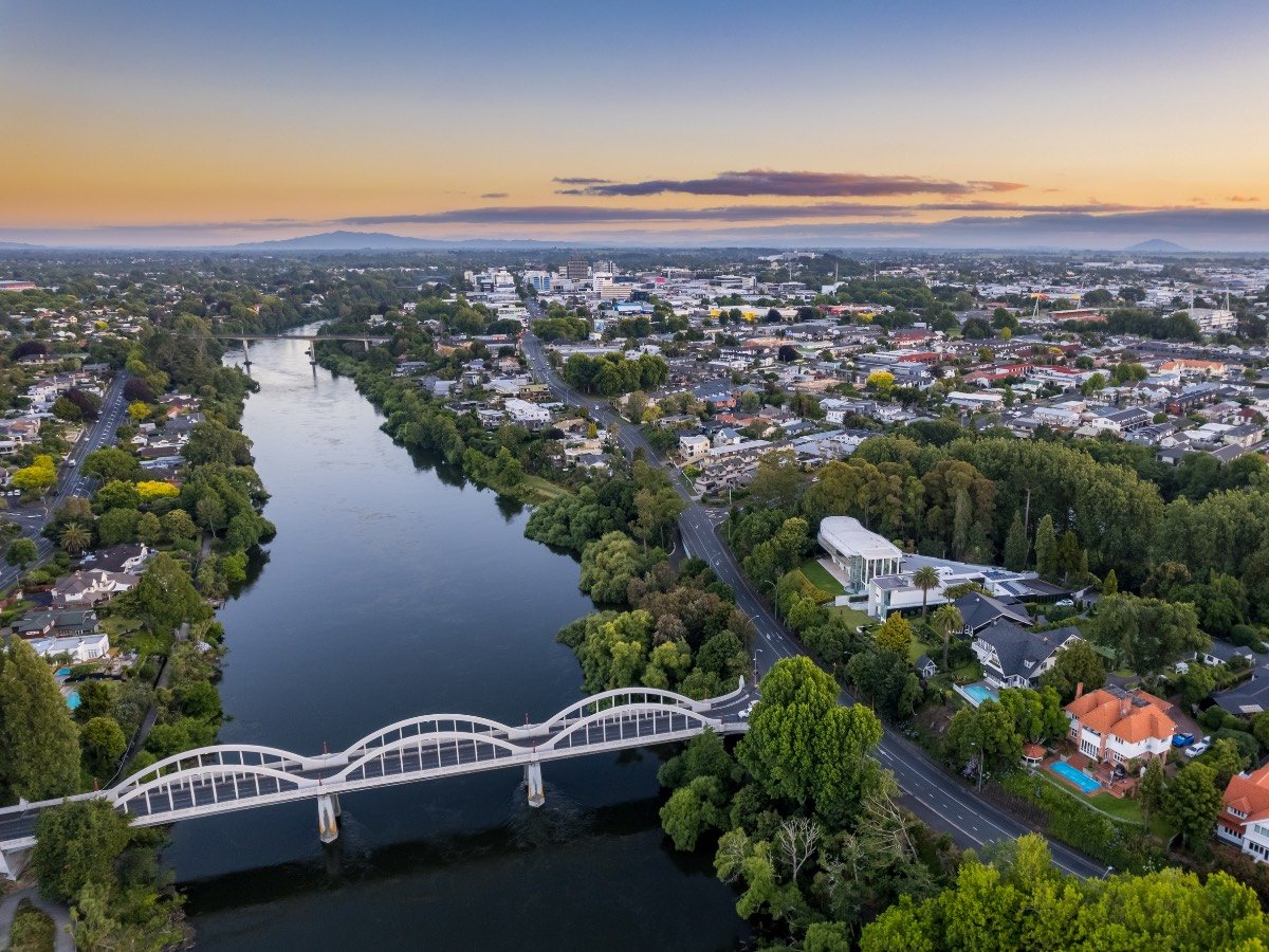 Aerial drone panoramic view over the city of Hamilton, in the Waikato region of New Zealand. Taken: Sunday, 19 December 2021.