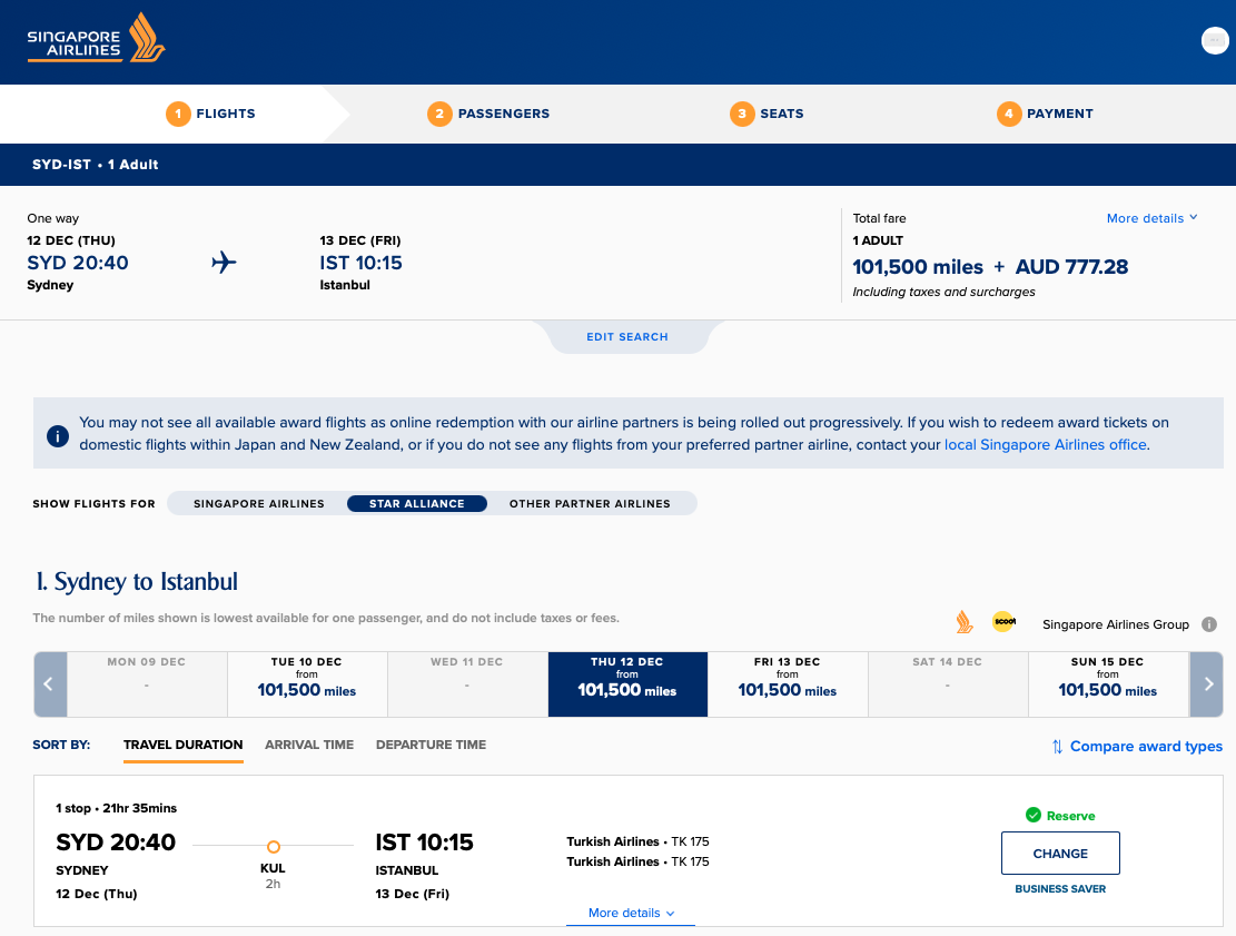 TK award availability SYD-IST on the Singapore Airlines website