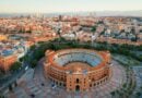 Madrid Plaza de Toros de Las Ventas (Las Ventas Bullring) aerial view with historical buildings in Spain.