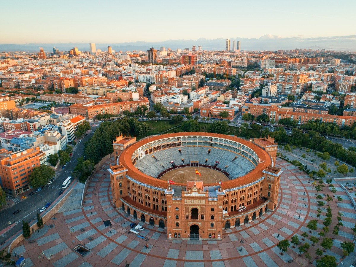 Madrid Plaza de Toros de Las Ventas (Las Ventas Bullring) aerial view with historical buildings in Spain.