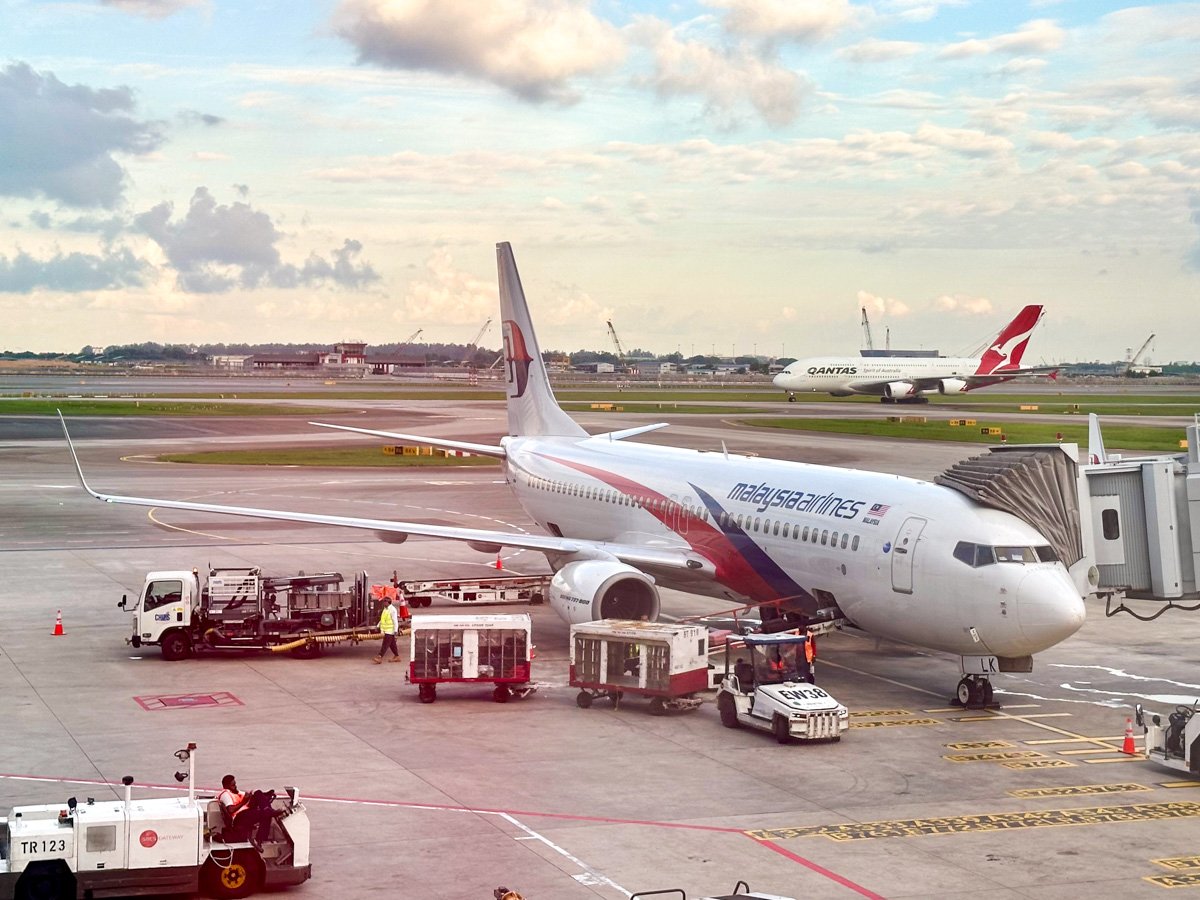 Malaysia Airlines 737-800 and a Qantas A380 at Singapore Changi Airport