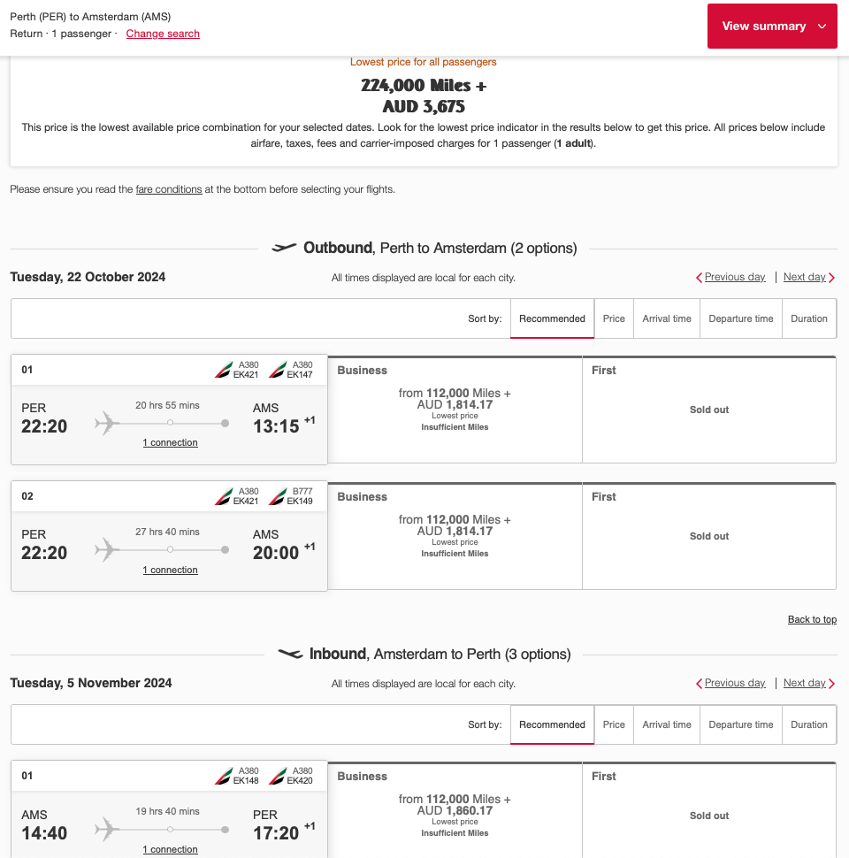 Business Saver reward pricing from PER to AMS on the Emirates website