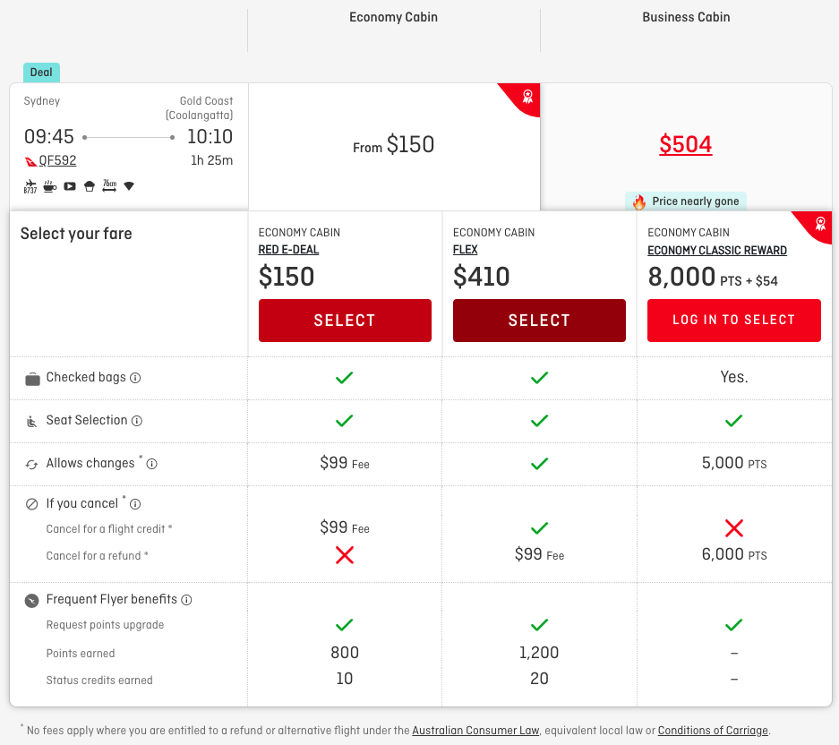 Qantas SYD-OOL Economy fare inclusions