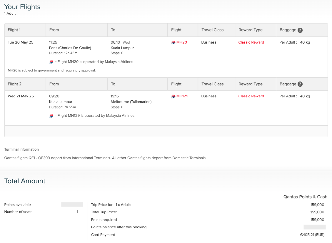 Qantas website quote for a Malaysia Airlines reward booking from CDG to MEL