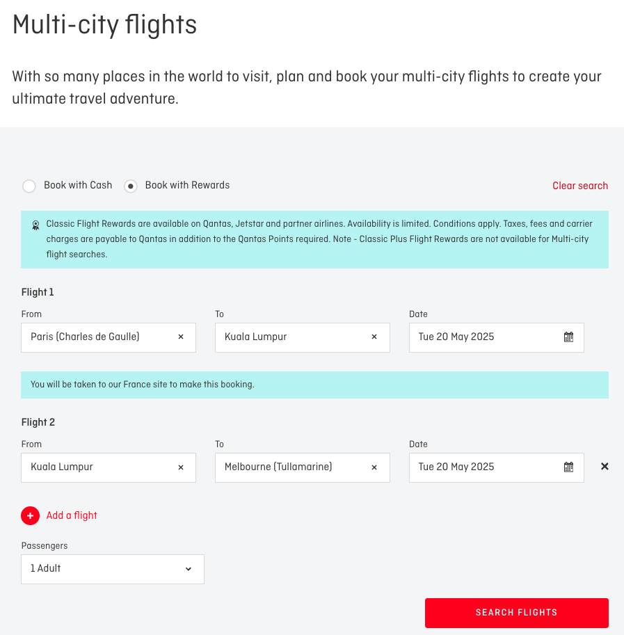 Qantas website multi-city flight search from CDG to KUL and KUL to MEL