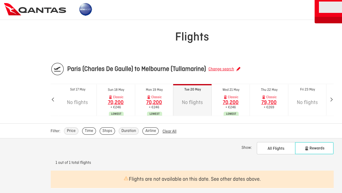 The Qantas website won't show options on Malaysia Airlines by default when searching for flights from CDG to MEL