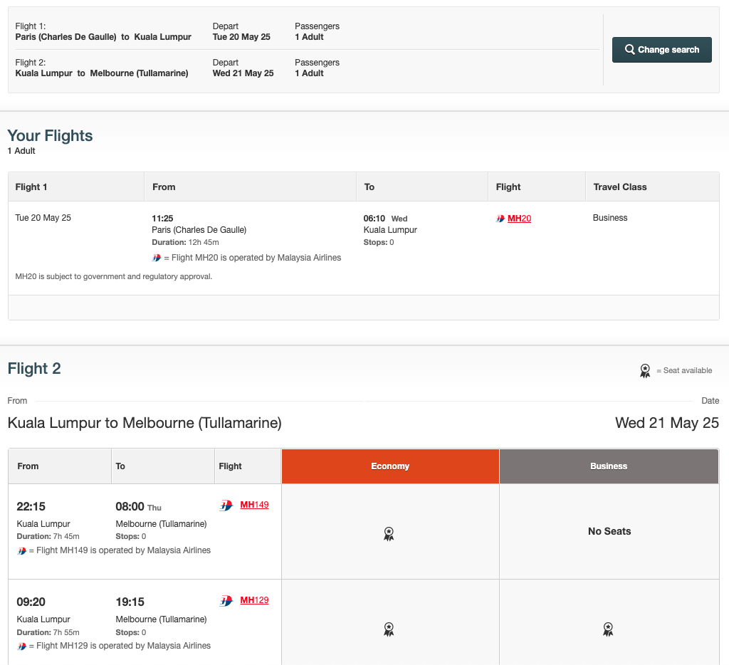 Selecting Qantas reward seats between KUL and MEL