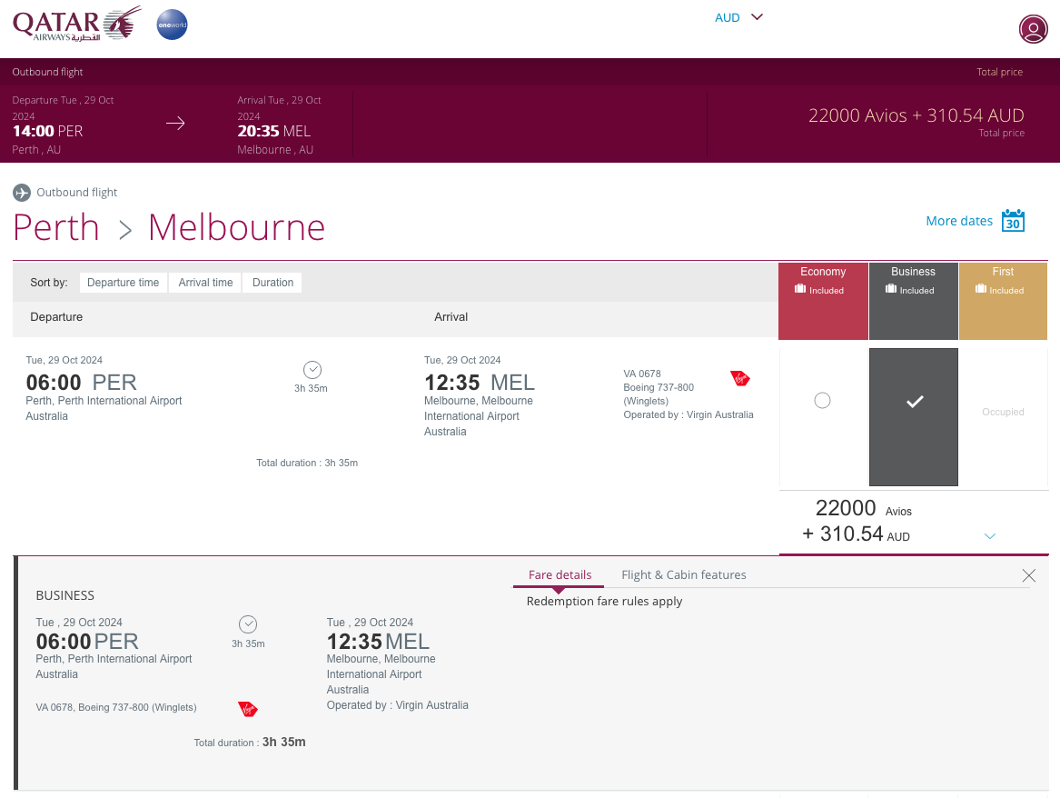 PER-MEL business class reward on the Qatar Airways website